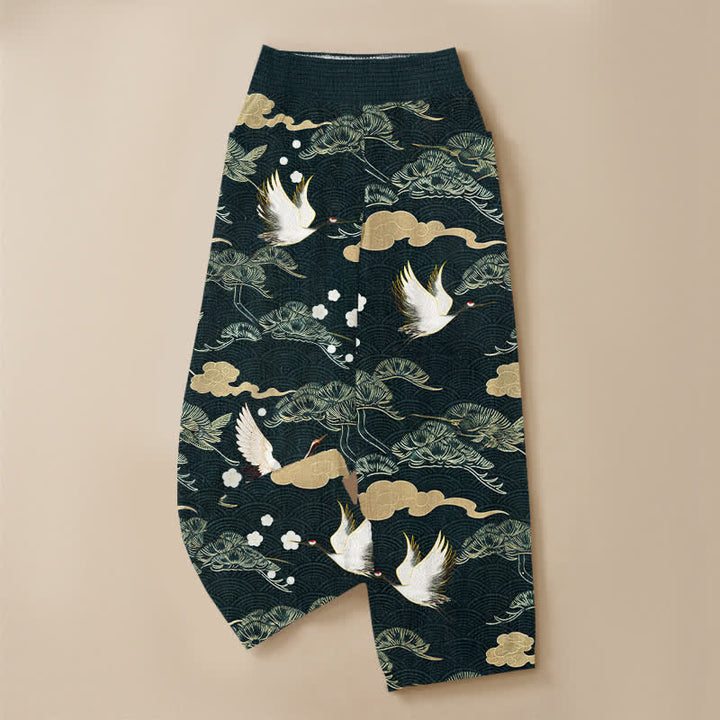 Buddha Stones Pantalones harem de algodón con estampado de grullas y nubes, cintura elástica plisada y bolsillos para mujer. - image 9