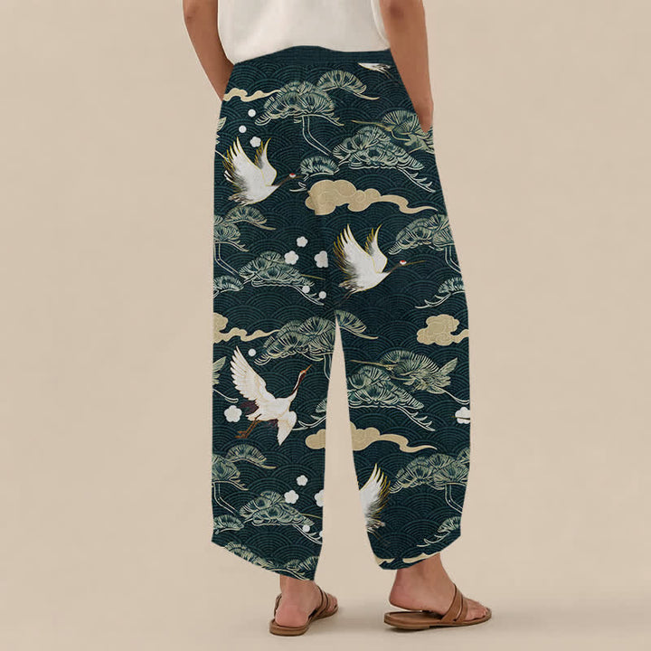 Buddha Stones Pantalones harem de algodón con estampado de grullas y nubes, cintura elástica plisada y bolsillos para mujer. - image 8