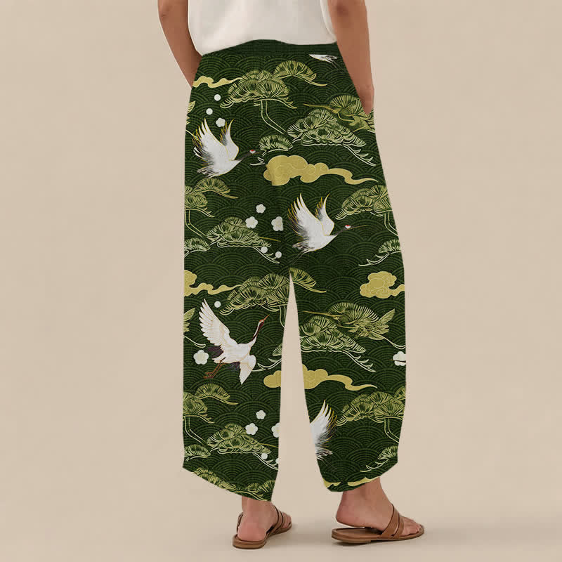 Buddha Stones Pantalones harem de algodón con estampado de grullas y nubes, cintura elástica plisada y bolsillos para mujer. - image 12