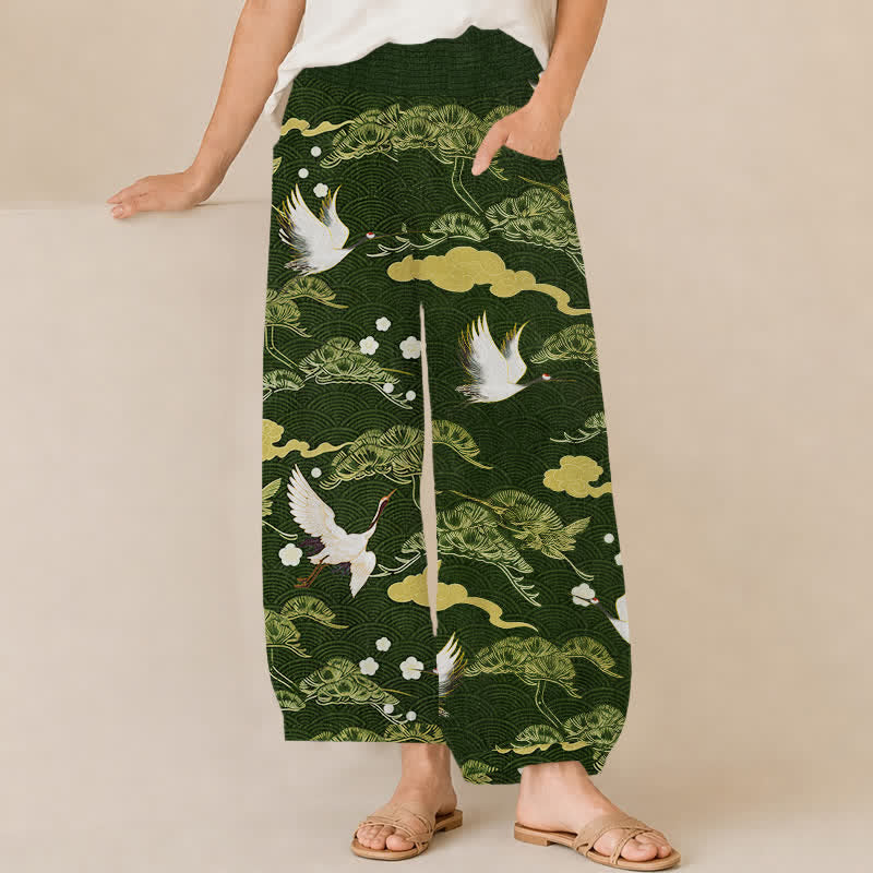 Buddha Stones Pantalones harem de algodón con estampado de grullas y nubes, cintura elástica plisada y bolsillos para mujer. - Verde bosque - US16，UK/AU20，EU48 (3XL) - image 10