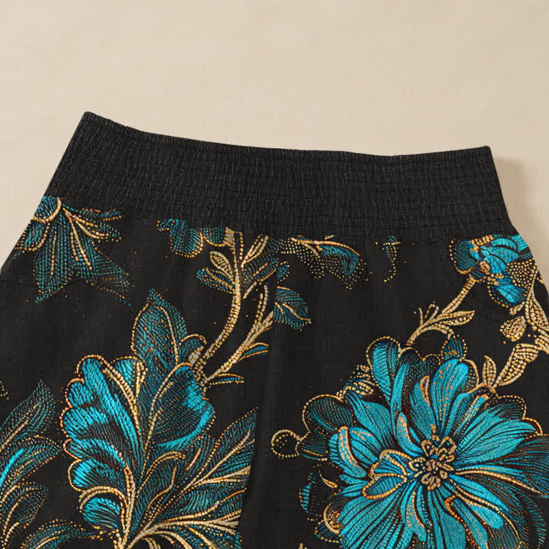 Buddha Stones Pantalones harem de algodón con estampado botánico Midnight Bloom, cintura elástica plisada y bolsillos para mujer. - image 4