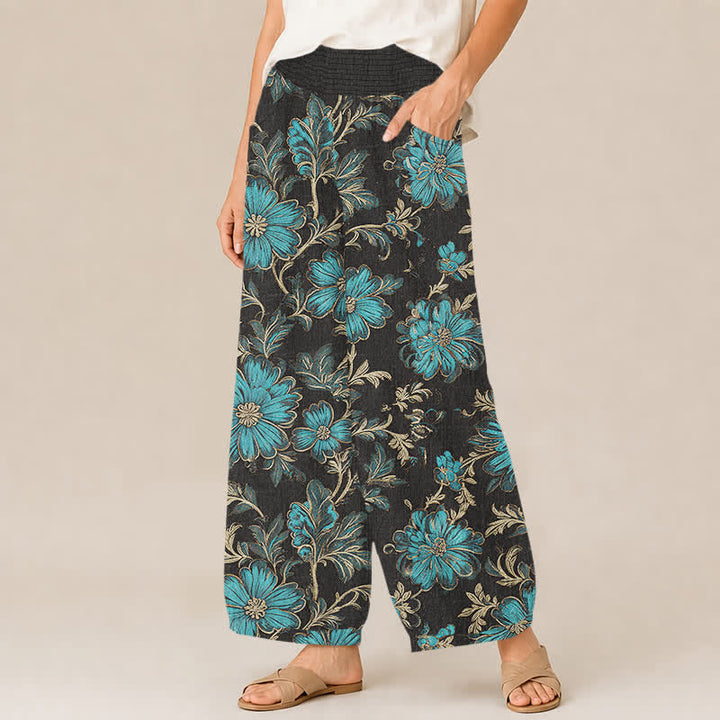 Buddha Stones Pantalones harem de algodón con estampado botánico Midnight Bloom, cintura elástica plisada y bolsillos para mujer. - image 1