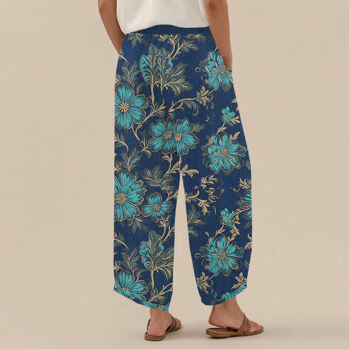 Buddha Stones Pantalones harem de algodón con estampado botánico Midnight Bloom, cintura elástica plisada y bolsillos para mujer. - image 8