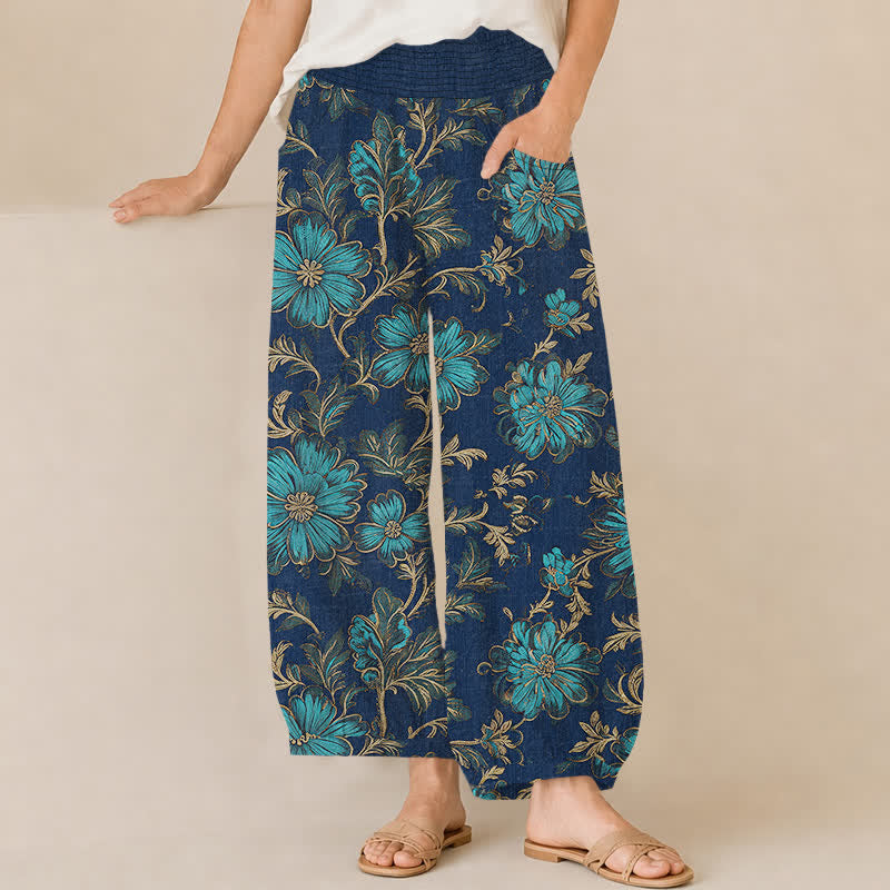 Buddha Stones Pantalones harem de algodón con estampado botánico Midnight Bloom, cintura elástica plisada y bolsillos para mujer. - Marina de guerra - US16，UK/AU20，EU48 (3XL) - image 6
