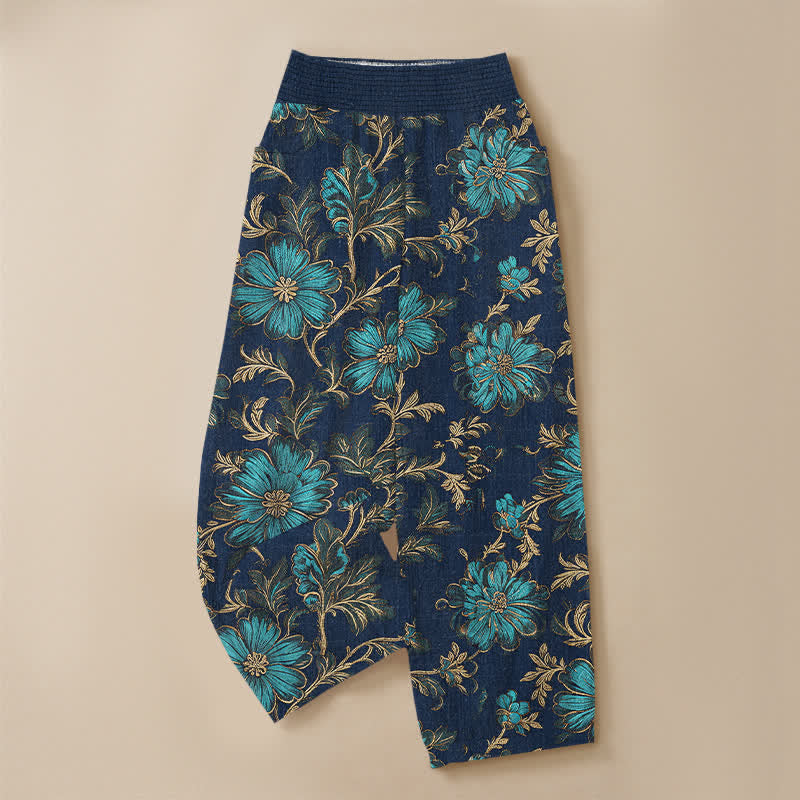 Buddha Stones Pantalones harem de algodón con estampado botánico Midnight Bloom, cintura elástica plisada y bolsillos para mujer. - image 9