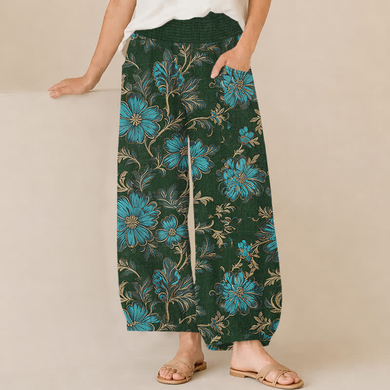 Buddha Stones Pantalones harem de algodón con estampado botánico Midnight Bloom, cintura elástica plisada y bolsillos para mujer. - Verde oscuro - US16，UK/AU20，EU48 (3XL) - image 10