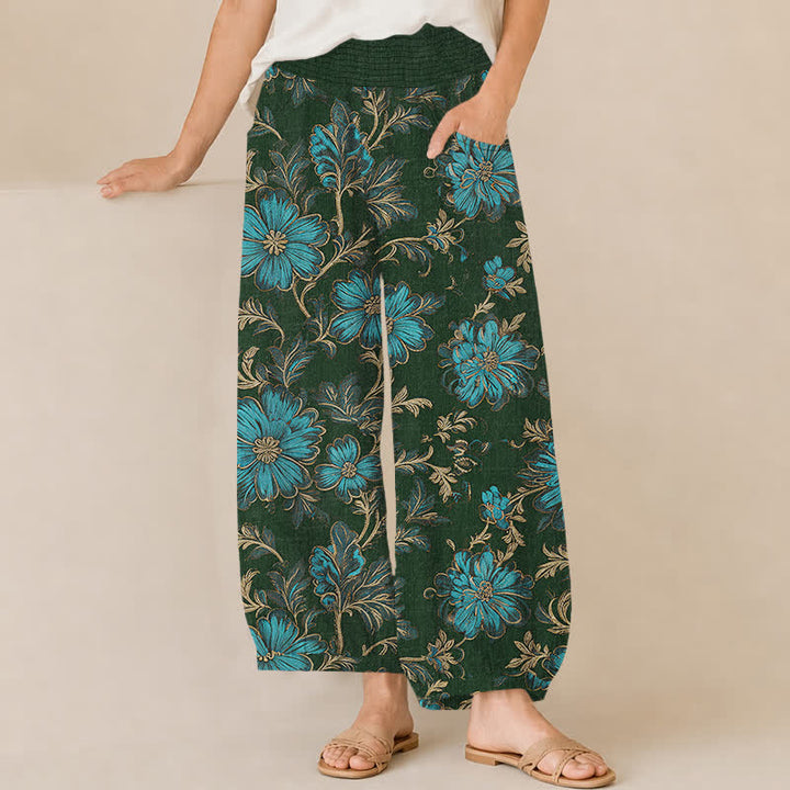 Buddha Stones Pantalones harem de algodón con estampado botánico Midnight Bloom, cintura elástica plisada y bolsillos para mujer. - Verde oscuro - US16，UK/AU20，EU48 (3XL) - image 10