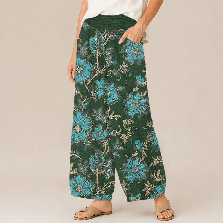 Buddha Stones Pantalones harem de algodón con estampado botánico Midnight Bloom, cintura elástica plisada y bolsillos para mujer. - image 11
