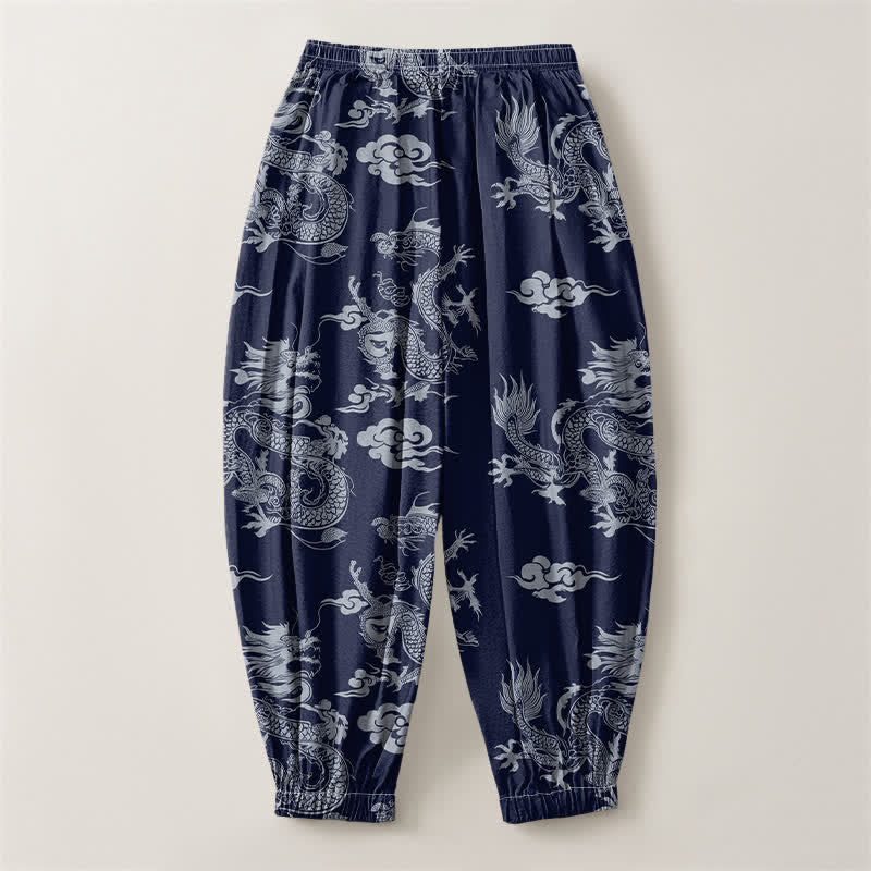 Buddha Stones Pantalones harem para hombre de algodón puro con estampado de nubes de dragón y cordón ajustable, con bolsillos. - image 2