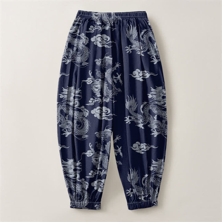 Buddha Stones Pantalones harem para hombre de algodón puro con estampado de nubes de dragón y cordón ajustable, con bolsillos. - image 2