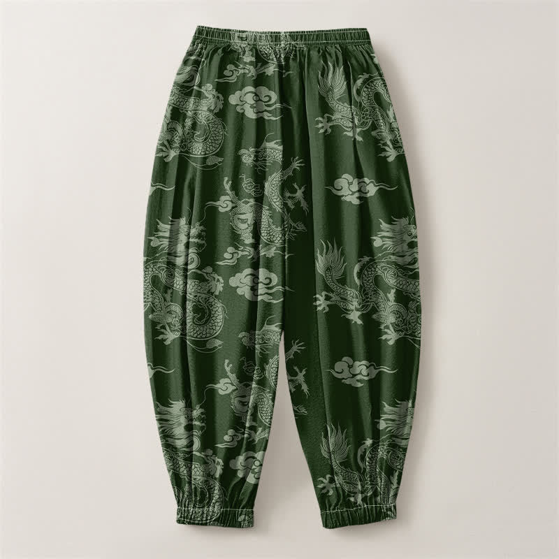 Buddha Stones Pantalones harem para hombre de algodón puro con estampado de nubes de dragón y cordón ajustable, con bolsillos. - image 8