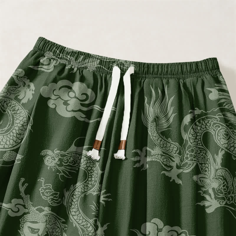 Buddha Stones Pantalones harem para hombre de algodón puro con estampado de nubes de dragón y cordón ajustable, con bolsillos. - image 9