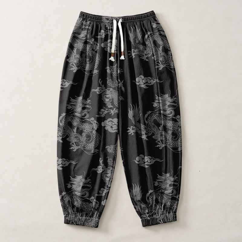 Buddha Stones Pantalones harem para hombre de algodón puro con estampado de nubes de dragón y cordón ajustable, con bolsillos. - image 13