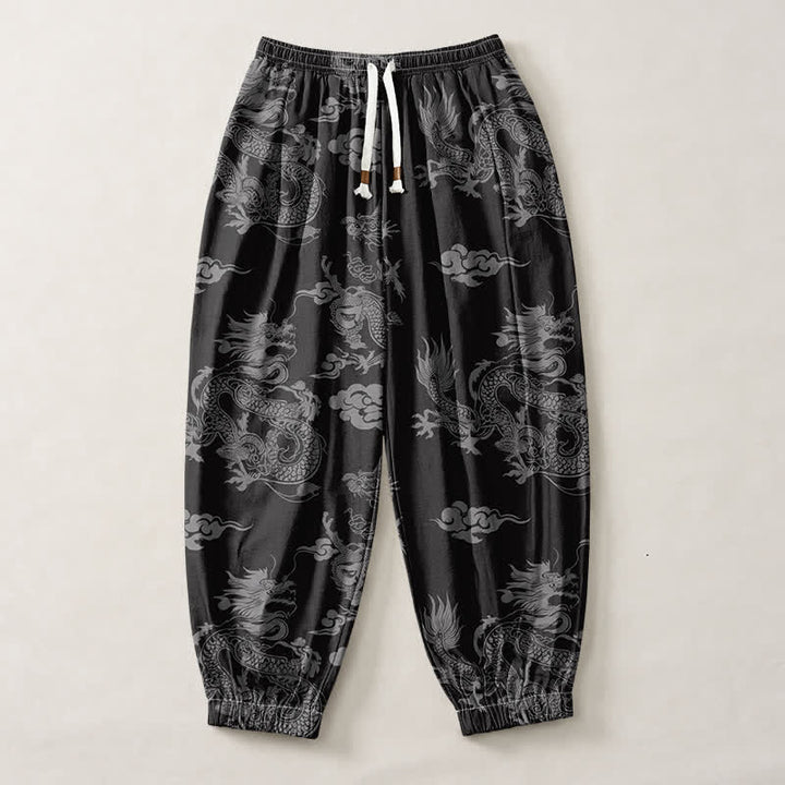 Buddha Stones Pantalones harem para hombre de algodón puro con estampado de nubes de dragón y cordón ajustable, con bolsillos. - image 13