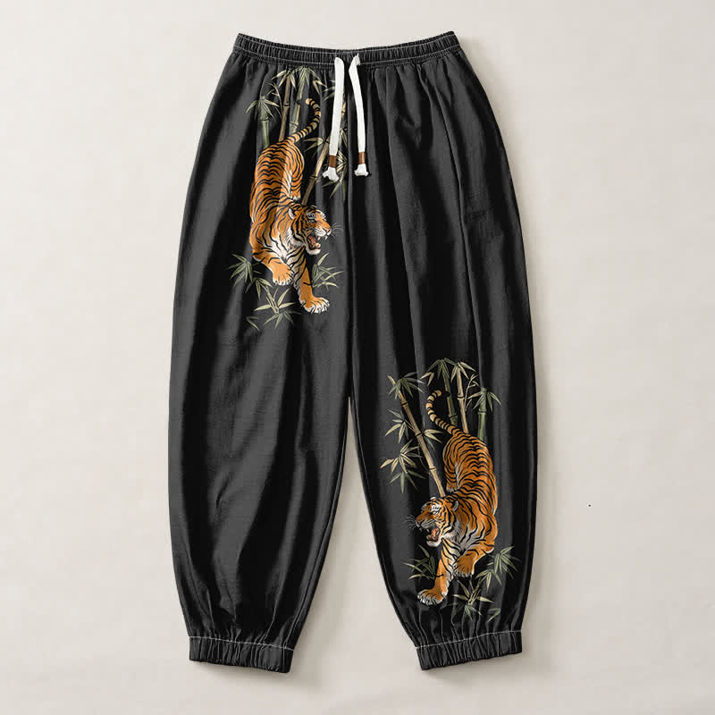Buddha Stones Pantalones harem para hombre de algodón puro con estampado de bambú y tigre, con cordón ajustable y bolsillos. - image 1
