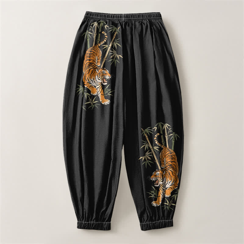 Buddha Stones Pantalones harem para hombre de algodón puro con estampado de bambú y tigre, con cordón ajustable y bolsillos. - image 2