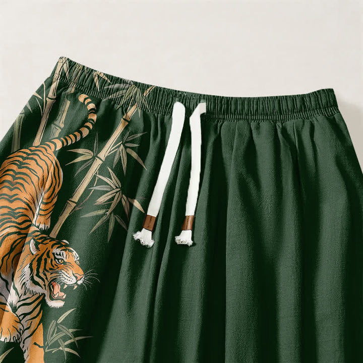 Buddha Stones Pantalones harem para hombre de algodón puro con estampado de bambú y tigre, con cordón ajustable y bolsillos. - image 9