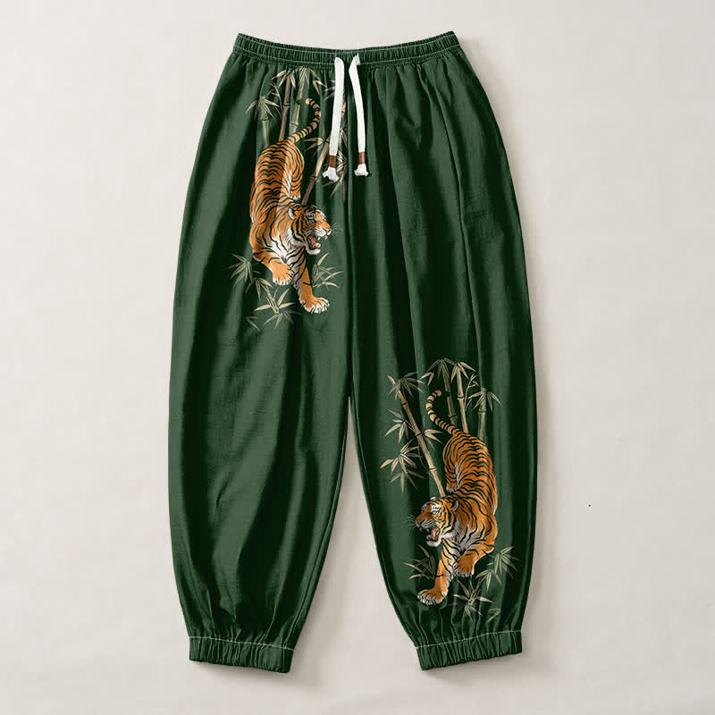 Buddha Stones Pantalones harem para hombre de algodón puro con estampado de bambú y tigre, con cordón ajustable y bolsillos. - image 7
