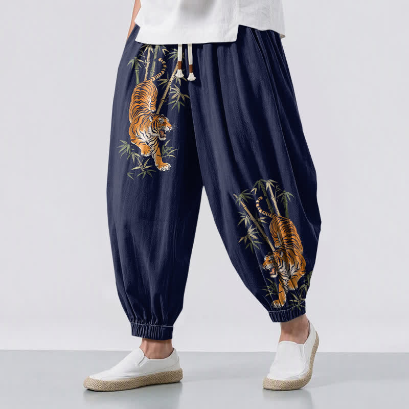 Buddha Stones Pantalones harem para hombre de algodón puro con estampado de bambú y tigre, con cordón ajustable y bolsillos. - Marina de guerra - US/UK/AU50, EU60 (5XL) - image 12
