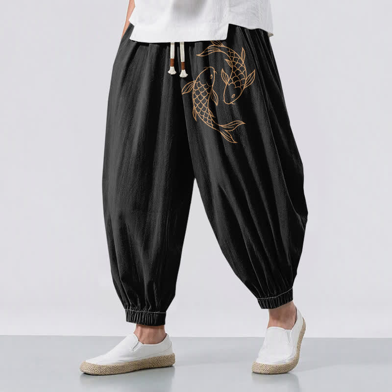 Buddha Stones Pantalones harem para hombre de algodón puro con estampado de doble pez koi, cordón ajustable y bolsillos. - Negro - US/UK/AU50, EU60 (5XL) - image 0