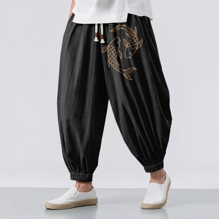 Buddha Stones Pantalones harem para hombre de algodón puro con estampado de doble pez koi, cordón ajustable y bolsillos. - Negro - US/UK/AU50, EU60 (5XL) - image 0