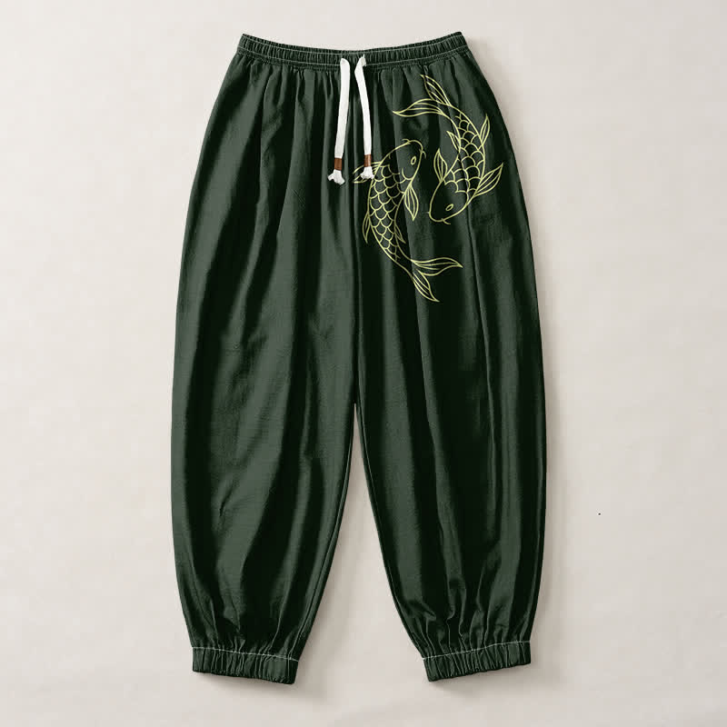 Buddha Stones Pantalones harem para hombre de algodón puro con estampado de doble pez koi, cordón ajustable y bolsillos. - image 7