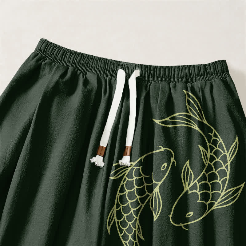 Buddha Stones Pantalones harem para hombre de algodón puro con estampado de doble pez koi, cordón ajustable y bolsillos. - image 9