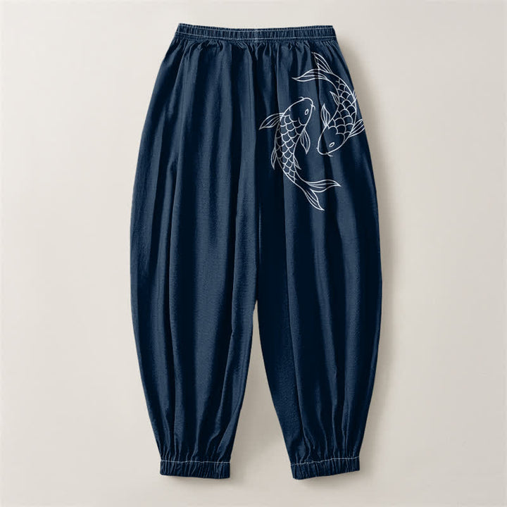 Buddha Stones Pantalones harem para hombre de algodón puro con estampado de doble pez koi, cordón ajustable y bolsillos. - image 14