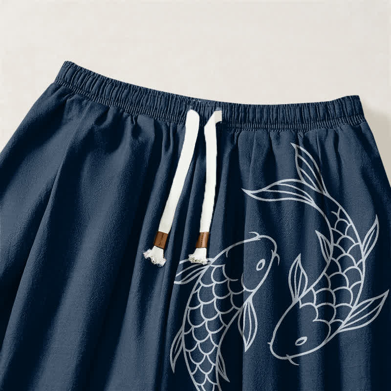 Buddha Stones Pantalones harem para hombre de algodón puro con estampado de doble pez koi, cordón ajustable y bolsillos. - image 15