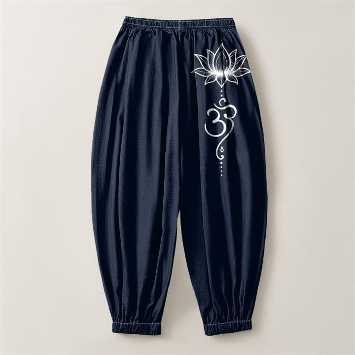 Buddha Stones Pantalones harem para hombre de algodón puro con estampado Lotus Om, cordón ajustable y bolsillos. - image 2