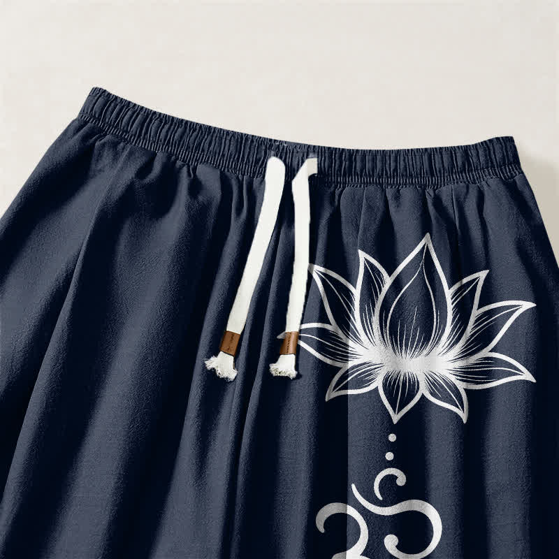 Buddha Stones Pantalones harem para hombre de algodón puro con estampado Lotus Om, cordón ajustable y bolsillos. - image 3