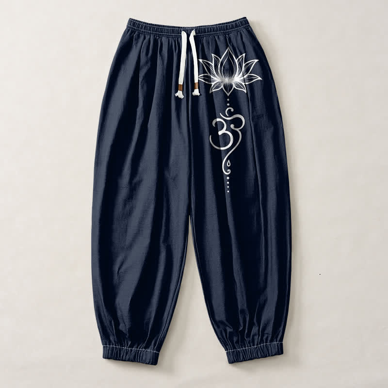 Buddha Stones Pantalones harem para hombre de algodón puro con estampado Lotus Om, cordón ajustable y bolsillos. - image 1