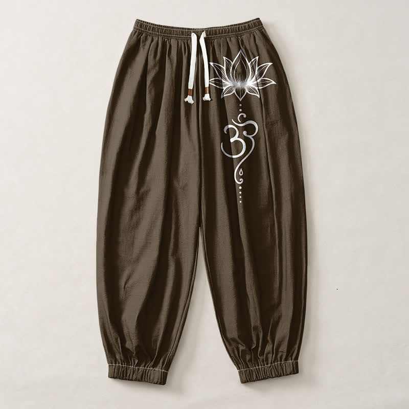 Buddha Stones Pantalones harem para hombre de algodón puro con estampado Lotus Om, cordón ajustable y bolsillos. - image 7