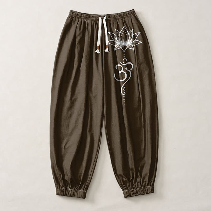 Buddha Stones Pantalones harem para hombre de algodón puro con estampado Lotus Om, cordón ajustable y bolsillos. - image 7