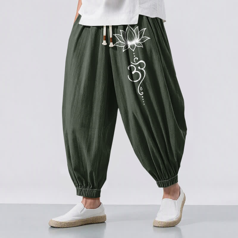 Buddha Stones Pantalones harem para hombre de algodón puro con estampado Lotus Om, cordón ajustable y bolsillos. - Verde oscuro - US/UK/AU50, EU60 (5XL) - image 12