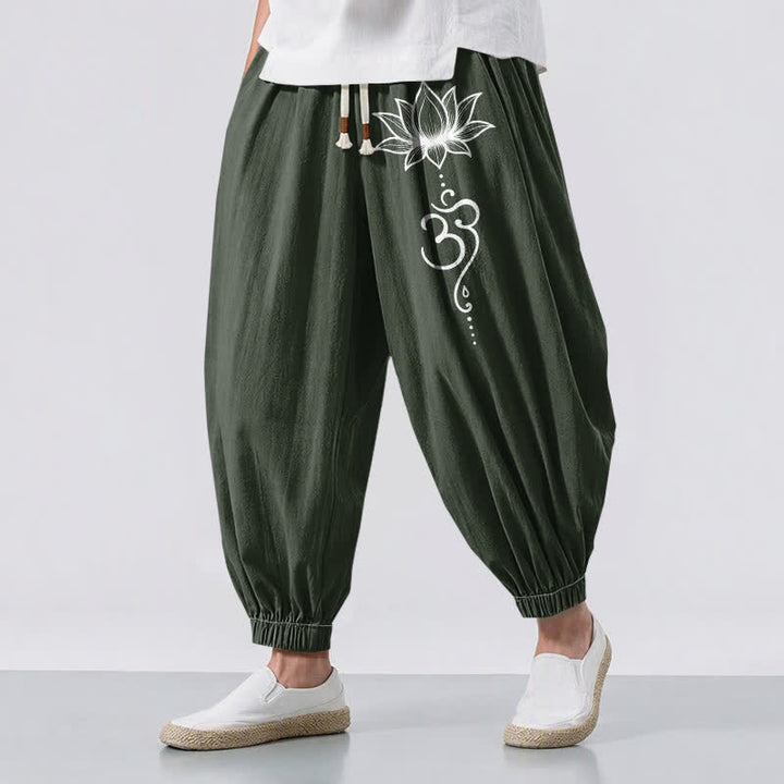 Buddha Stones Pantalones harem para hombre de algodón puro con estampado Lotus Om, cordón ajustable y bolsillos. - Verde oscuro - US/UK/AU50, EU60 (5XL) - image 12