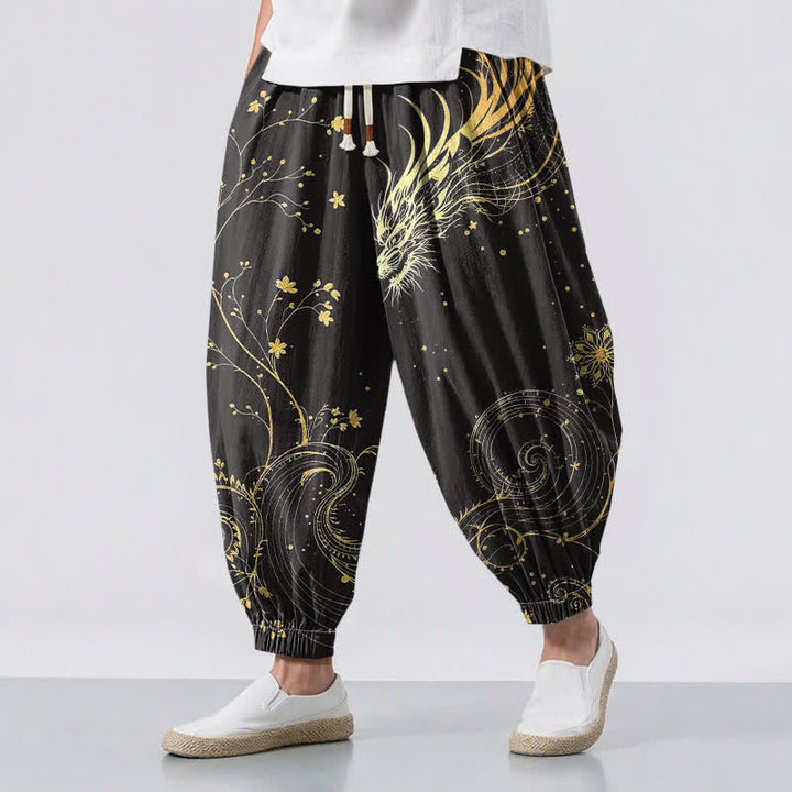 Buddha Stones Pantalones harem para hombre de algodón puro con estampado de nube y dragón dorado, cordón ajustable y bolsillos. - Negro - US/UK/AU50, EU60 (5XL) - image 0