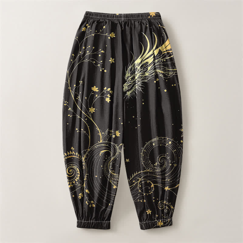 Buddha Stones Pantalones harem para hombre de algodón puro con estampado de nube y dragón dorado, cordón ajustable y bolsillos. - image 2