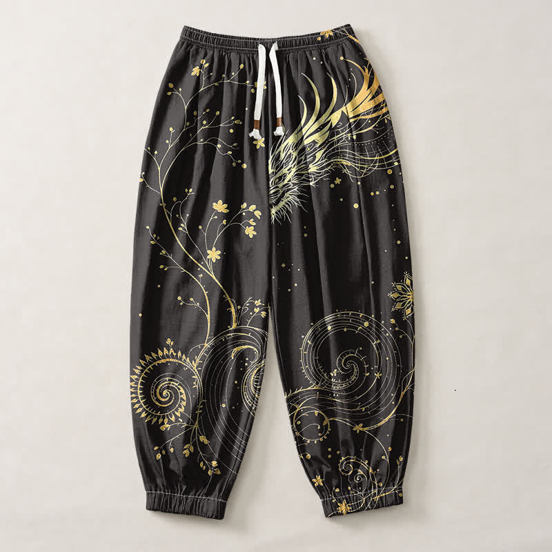 Buddha Stones Pantalones harem para hombre de algodón puro con estampado de nube y dragón dorado, cordón ajustable y bolsillos. - image 1