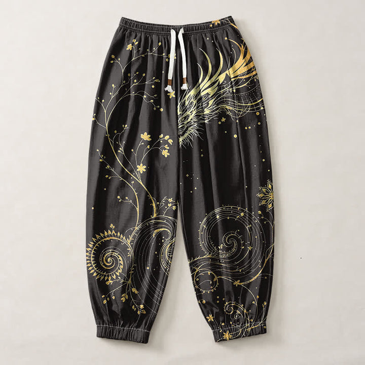 Buddha Stones Pantalones harem para hombre de algodón puro con estampado de nube y dragón dorado, cordón ajustable y bolsillos. - image 1
