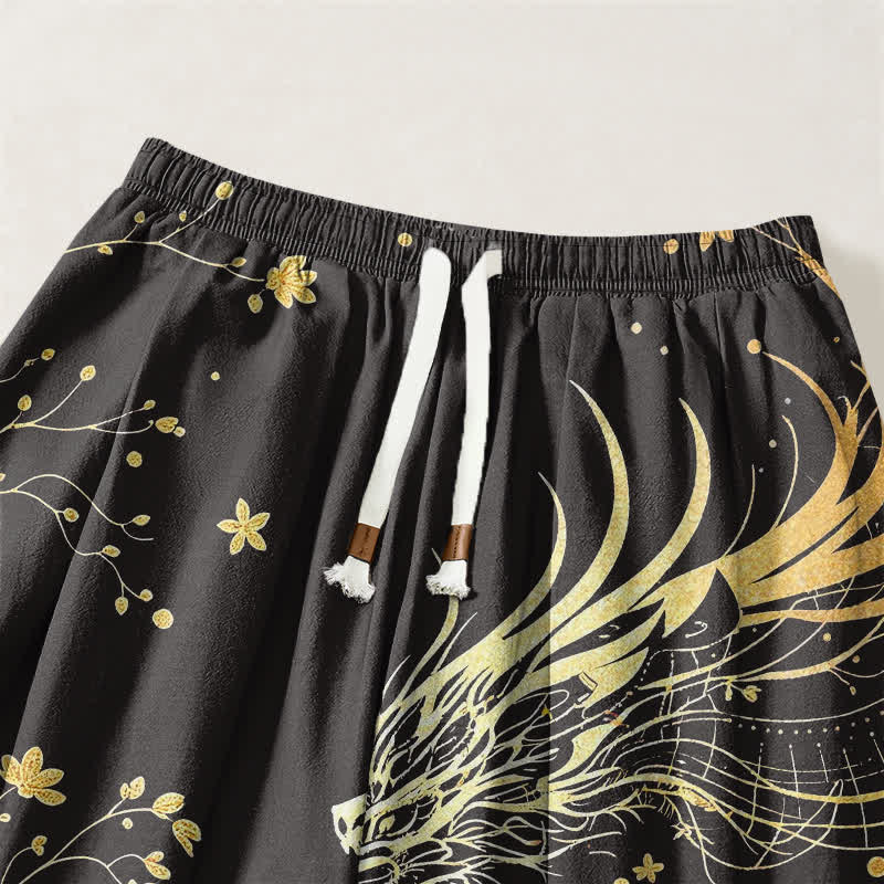 Buddha Stones Pantalones harem para hombre de algodón puro con estampado de nube y dragón dorado, cordón ajustable y bolsillos. - image 3
