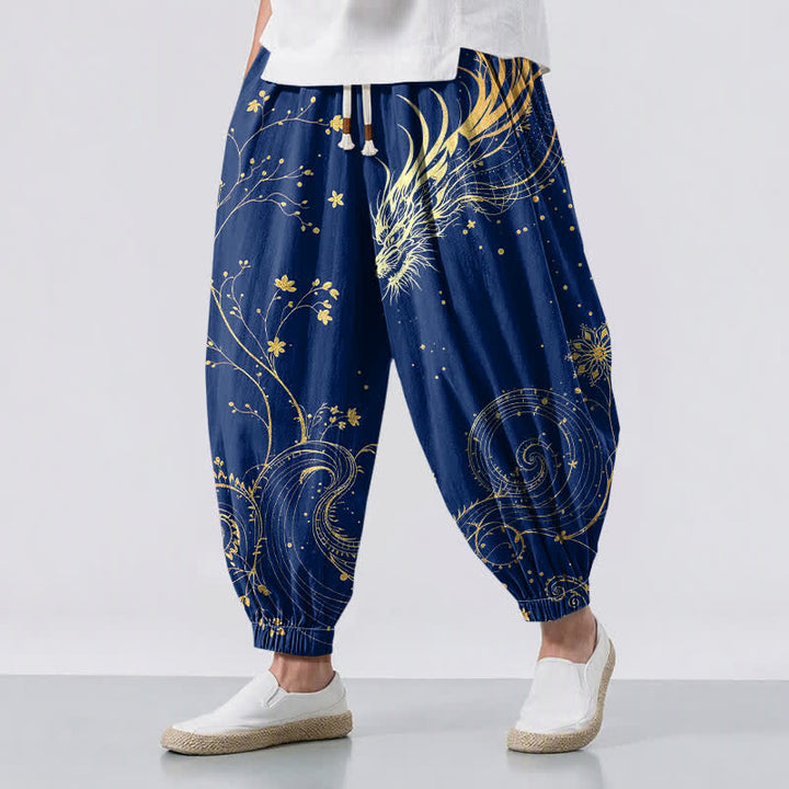 Buddha Stones Pantalones harem para hombre de algodón puro con estampado de nube y dragón dorado, cordón ajustable y bolsillos. - Marina de guerra - US/UK/AU50, EU60 (5XL) - image 6