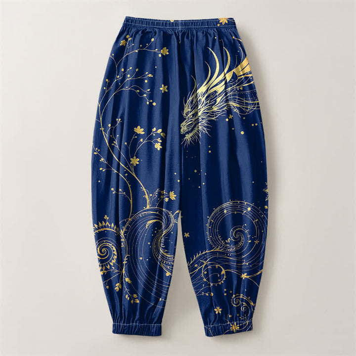 Buddha Stones Pantalones harem para hombre de algodón puro con estampado de nube y dragón dorado, cordón ajustable y bolsillos. - image 8