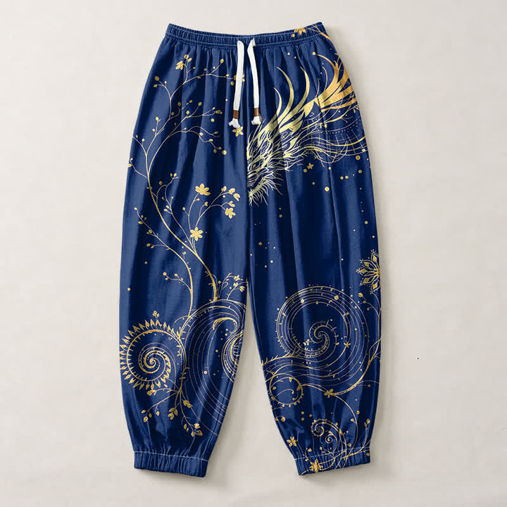 Buddha Stones Pantalones harem para hombre de algodón puro con estampado de nube y dragón dorado, cordón ajustable y bolsillos. - image 7