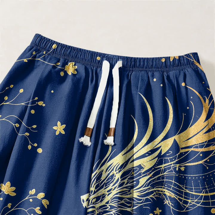 Buddha Stones Pantalones harem para hombre de algodón puro con estampado de nube y dragón dorado, cordón ajustable y bolsillos. - image 9