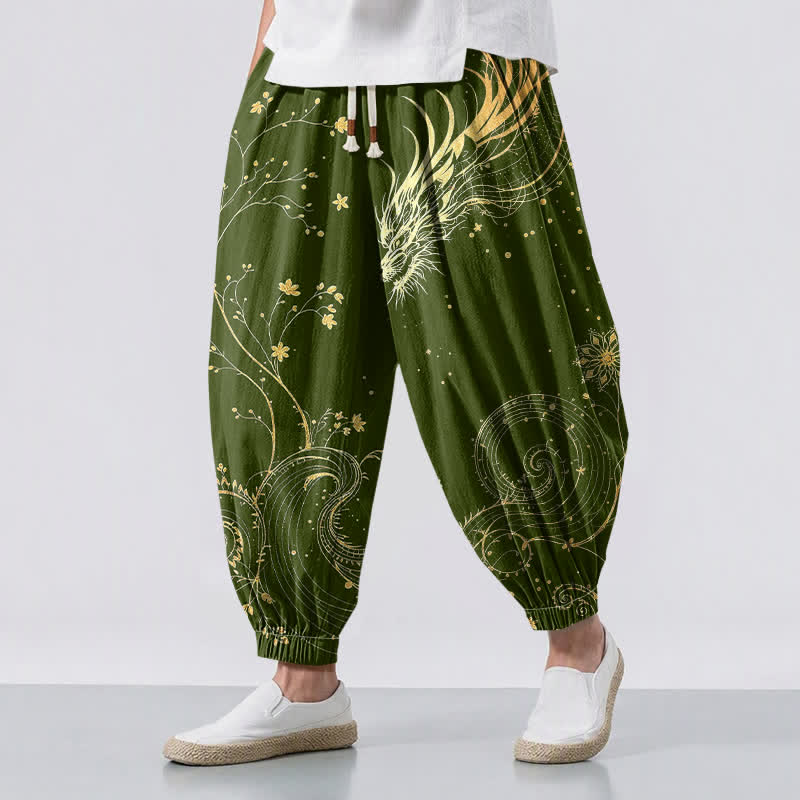 Buddha Stones Pantalones harem para hombre de algodón puro con estampado de nube y dragón dorado, cordón ajustable y bolsillos. - Verde oliva - US/UK/AU50, EU60 (5XL) - image 12