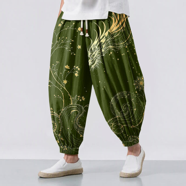 Buddha Stones Pantalones harem para hombre de algodón puro con estampado de nube y dragón dorado, cordón ajustable y bolsillos. - Verde oliva - US/UK/AU50, EU60 (5XL) - image 12