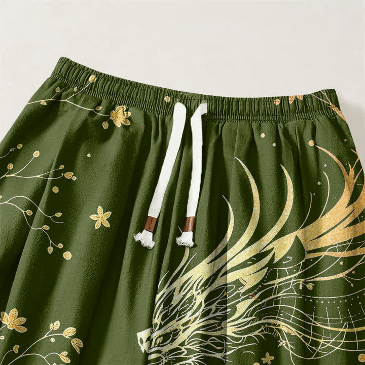 Buddha Stones Pantalones harem para hombre de algodón puro con estampado de nube y dragón dorado, cordón ajustable y bolsillos. - image 15