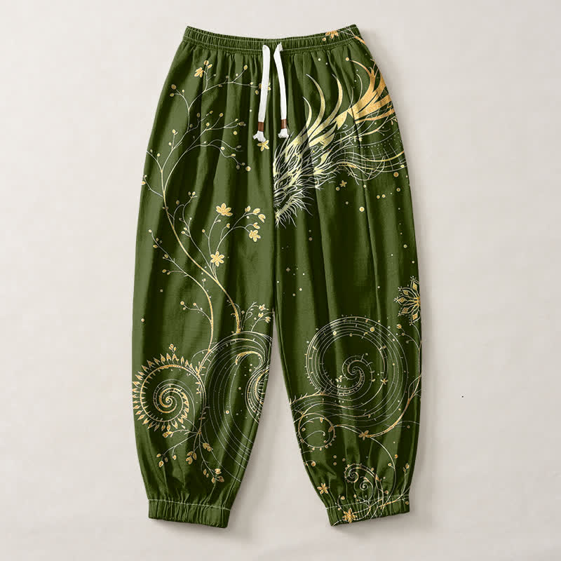 Buddha Stones Pantalones harem para hombre de algodón puro con estampado de nube y dragón dorado, cordón ajustable y bolsillos. - image 13