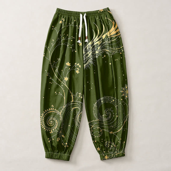 Buddha Stones Pantalones harem para hombre de algodón puro con estampado de nube y dragón dorado, cordón ajustable y bolsillos. - image 13